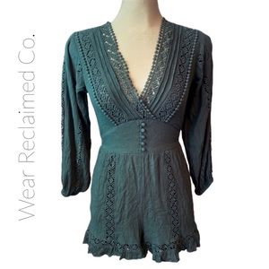 Women's Green Lace-Trim Romper Shorts